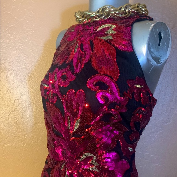 CACHE Black Pink Sequin High Neck Cocktail Dress.  Sz M - Picture 3 of 6